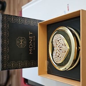Monet Compact Double Mirror Gold Tone Heart With Crystals